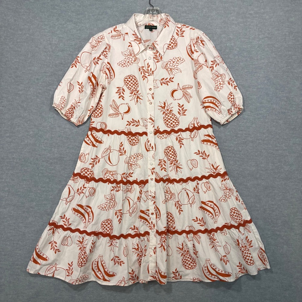 Meadow Rhodes Orange Fruit Print Cotton Tiered Ric Rac Shirt Dress Small Womens